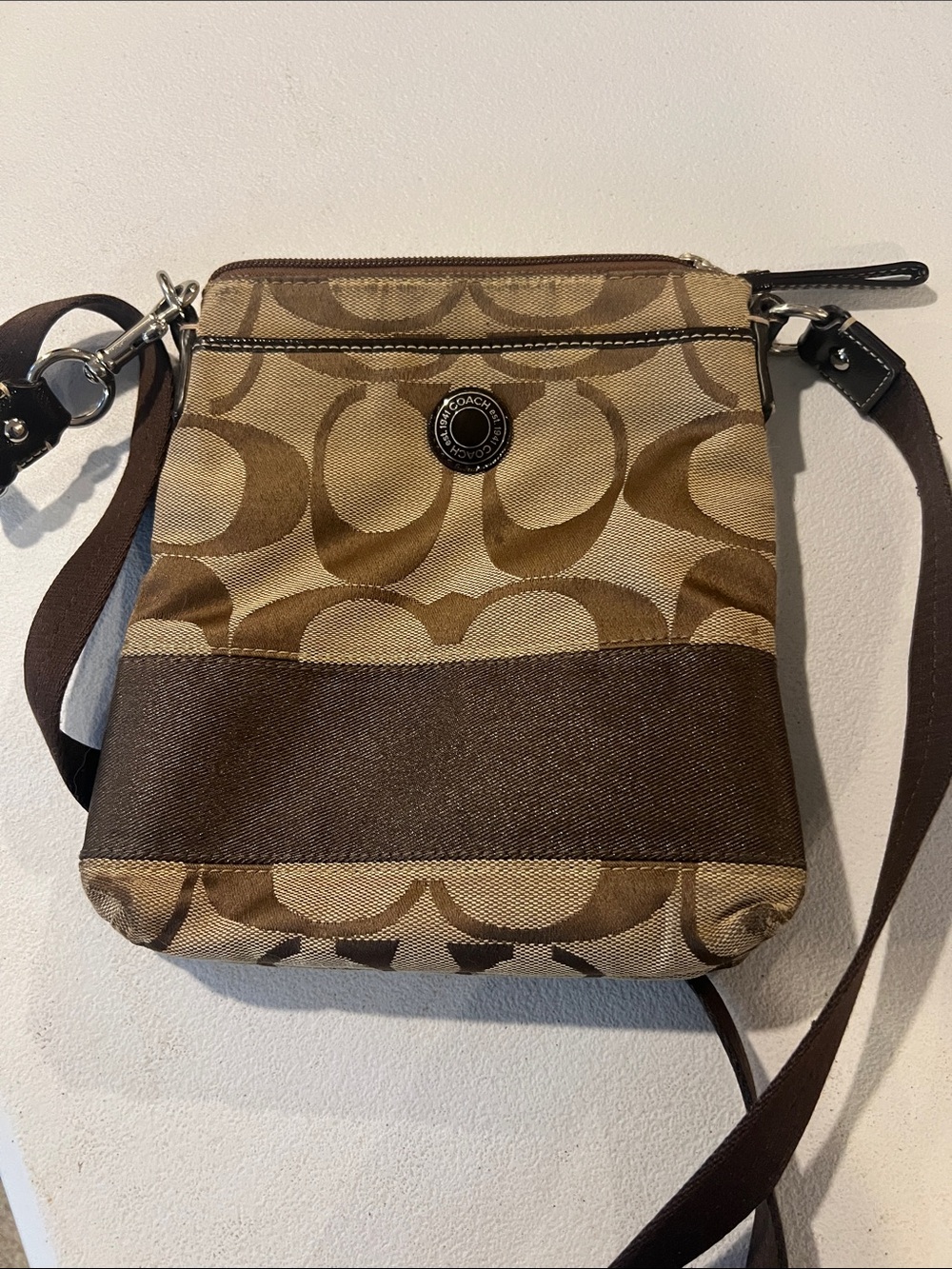 Coach Brown Signature Crossbody Bag with Dark Brown Trim